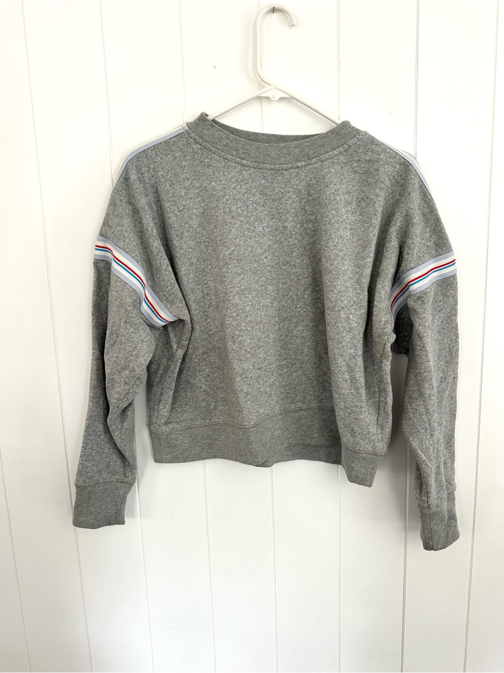J. Crew Gray Crewneck Sweatshirt with Multicolor Stripe Sleeve Detail
